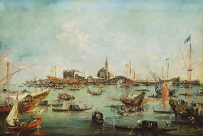 Der Doge auf der Bucentaur vor San Nicolò del Lido am Himmelfahrtstag, um 1766-70 von Francesco Guardi